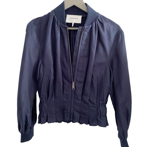 Frame Pleated Linen Bomber Style Jacket Size XS Navy Blue - Picture 1 of 6